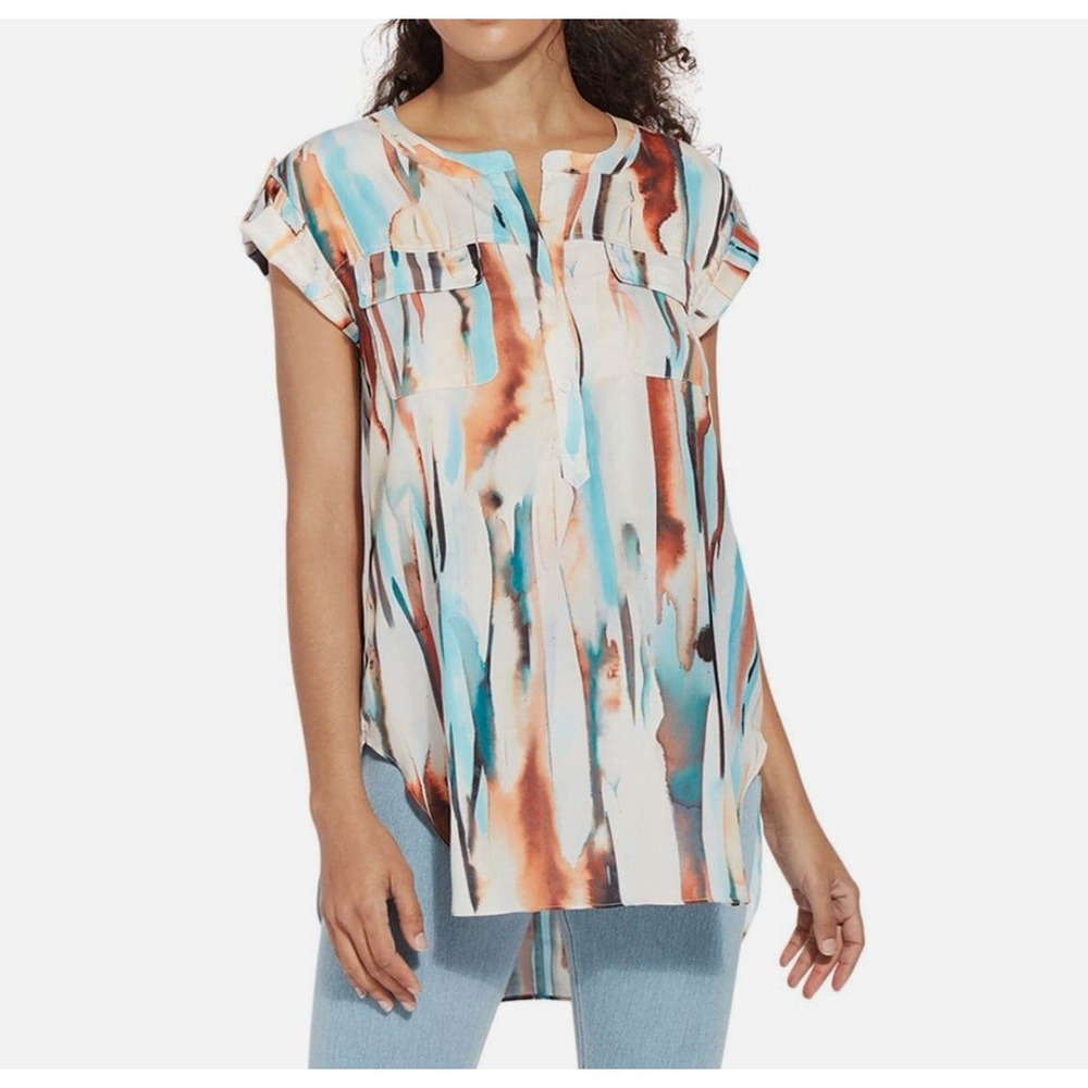 LYSSE Artsy Office Wear‎ Career Mandarin Collar Split Hem Cap Sleeve Tunic Sz XL